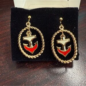 Avon “Drop Anchor” Gold and Red Anchor Drop clip Earrings with Nautical Design